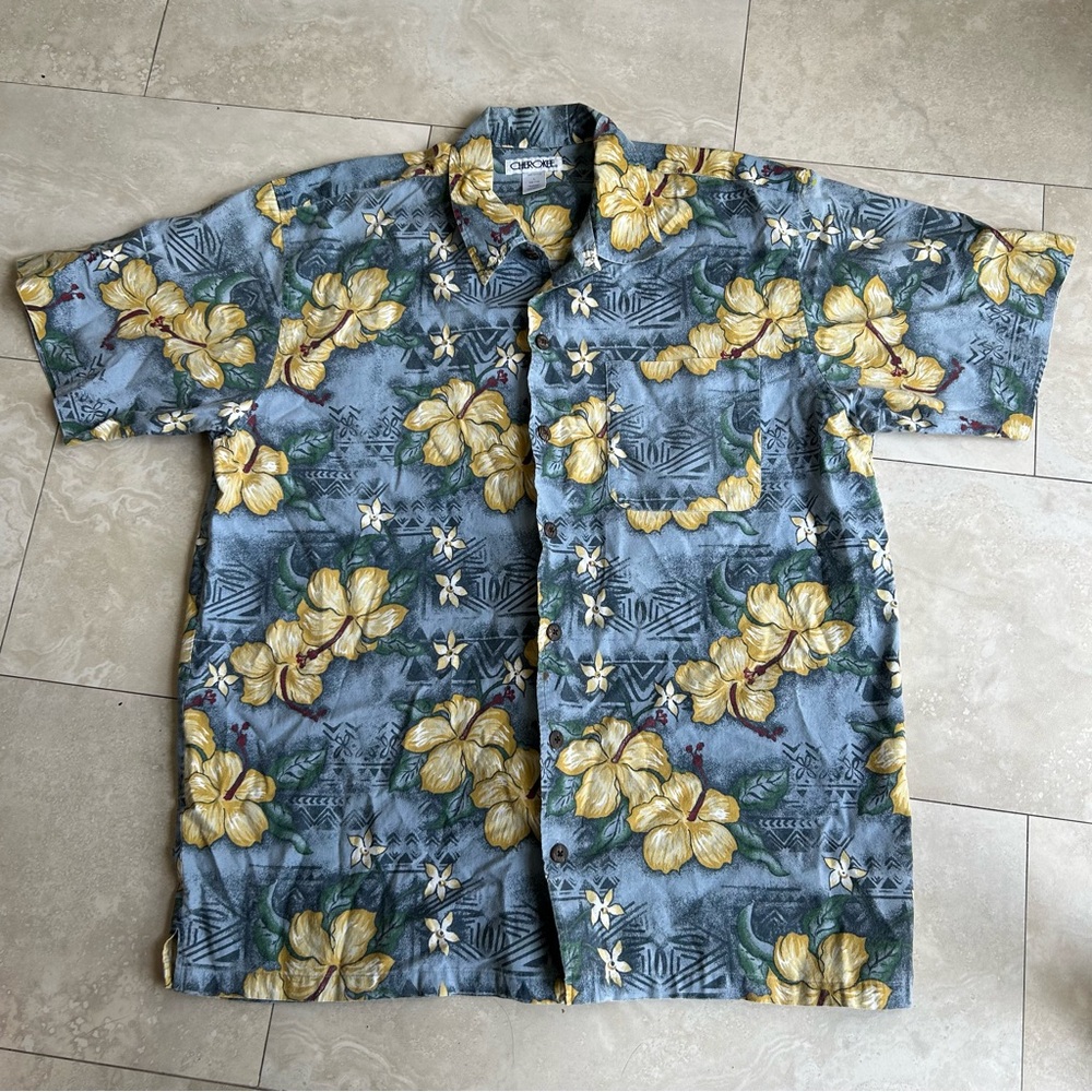 Vintage Cherokee Hawaiian Style Floral Button Down Short Sleeve Shirt Size L 90s